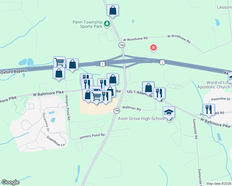 map of restaurants, bars, coffee shops, grocery stores, and more near 820 Old Baltimore Pike in West Grove