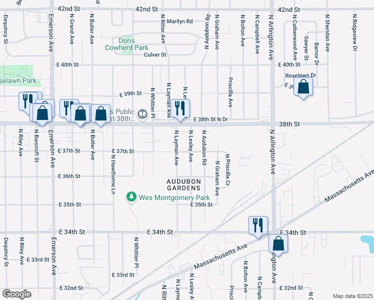 map of restaurants, bars, coffee shops, grocery stores, and more near 3649 North Lesley Avenue in Indianapolis