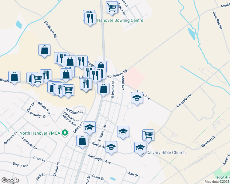 map of restaurants, bars, coffee shops, grocery stores, and more near 1225 East Walnut Street in Hanover