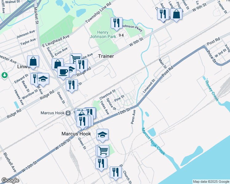 map of restaurants, bars, coffee shops, grocery stores, and more near 23 Chestnut Street in Marcus Hook