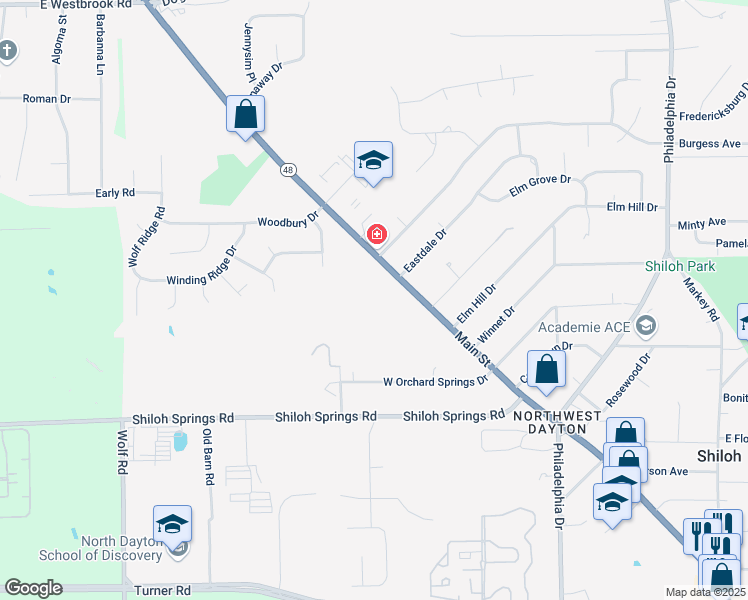 map of restaurants, bars, coffee shops, grocery stores, and more near 6401 North Main Street in Dayton