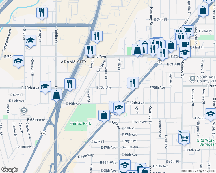 map of restaurants, bars, coffee shops, grocery stores, and more near 6910 Weiman Court in Commerce City