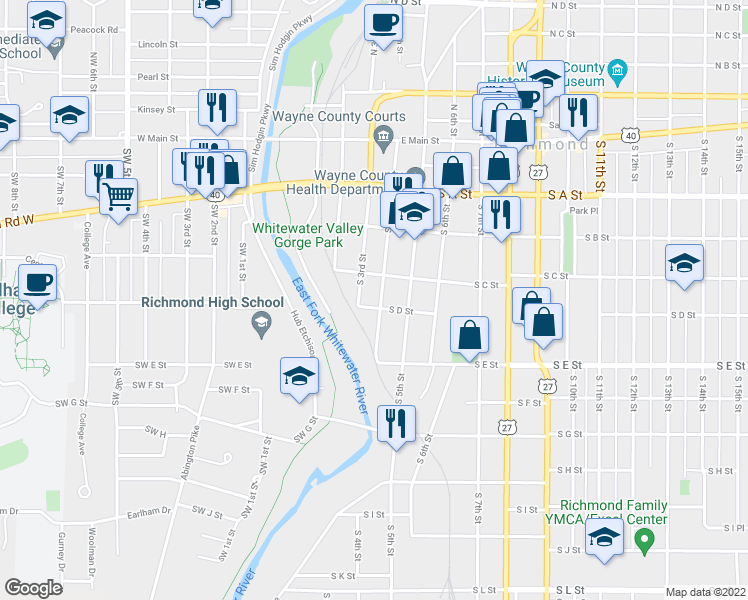 map of restaurants, bars, coffee shops, grocery stores, and more near 401 1/2 South 4th Street in Richmond
