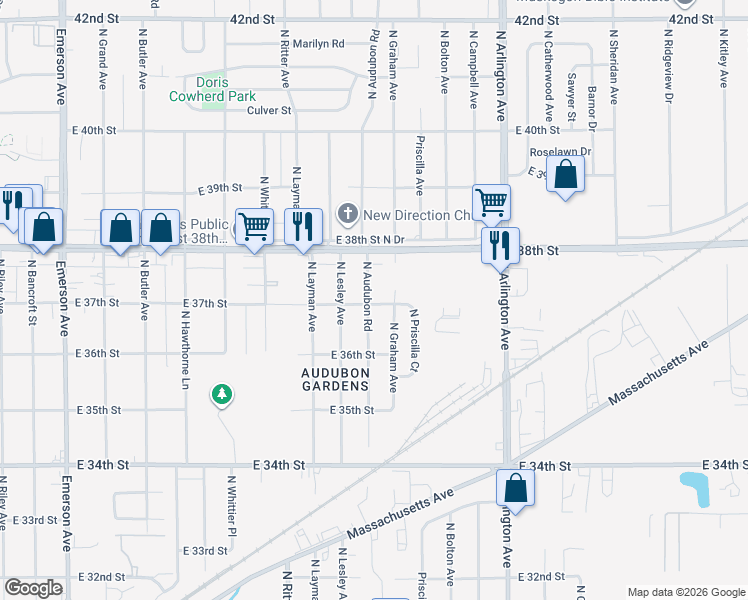 map of restaurants, bars, coffee shops, grocery stores, and more near 5749 East 37th Street in Indianapolis