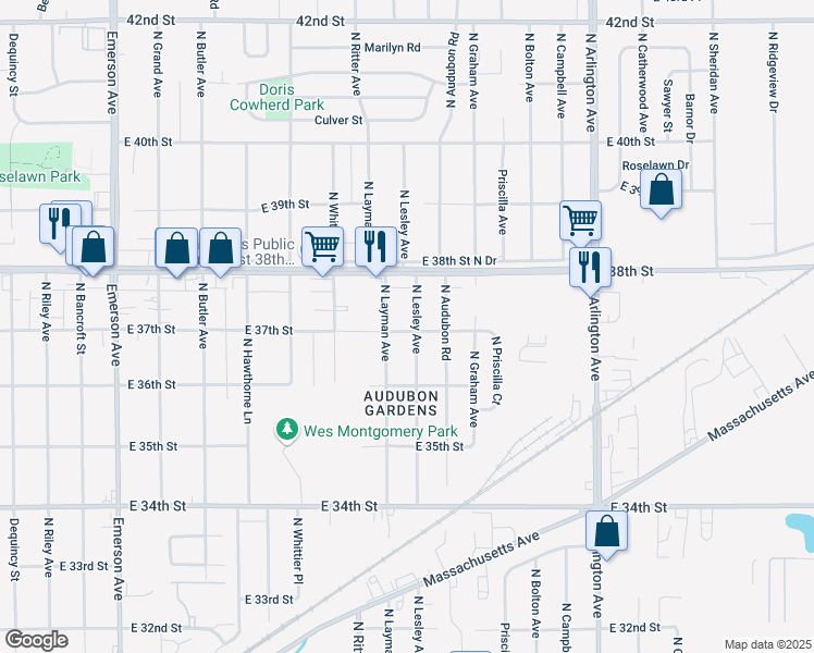 map of restaurants, bars, coffee shops, grocery stores, and more near 3649 North Lesley Avenue in Indianapolis