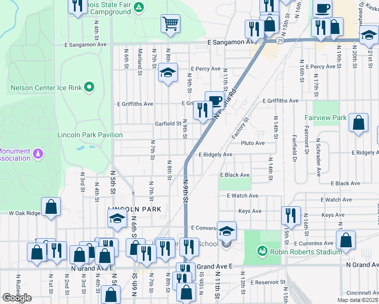 map of restaurants, bars, coffee shops, grocery stores, and more near 1701 North Peoria Road in Springfield