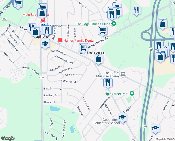 map of restaurants, bars, coffee shops, grocery stores, and more near 211 Somerset Road in Deptford Township