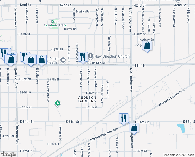 map of restaurants, bars, coffee shops, grocery stores, and more near 5749 East 37th Street in Indianapolis