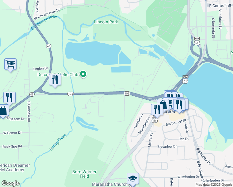 map of restaurants, bars, coffee shops, grocery stores, and more near 717 West South Side Drive in Decatur