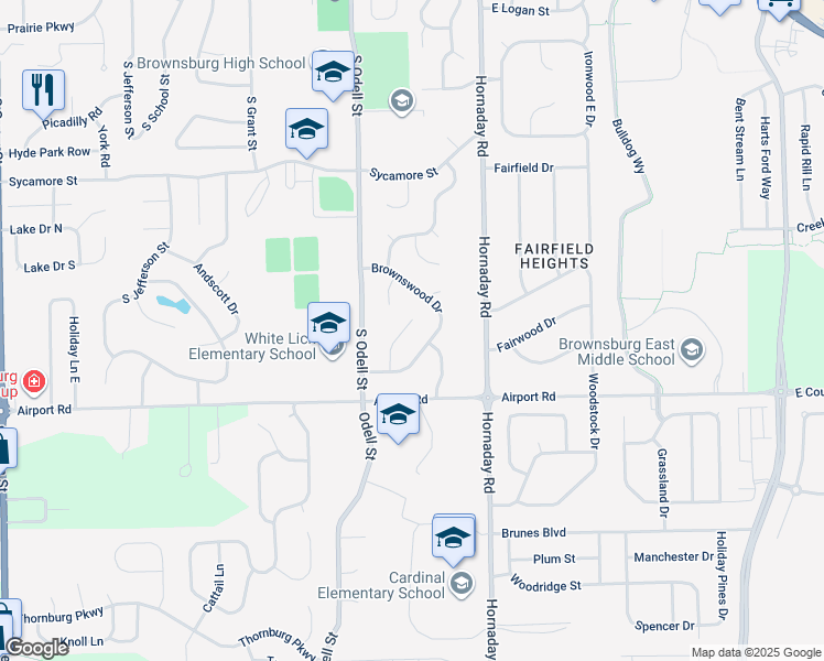 map of restaurants, bars, coffee shops, grocery stores, and more near 1327 Dogwood Court in Brownsburg