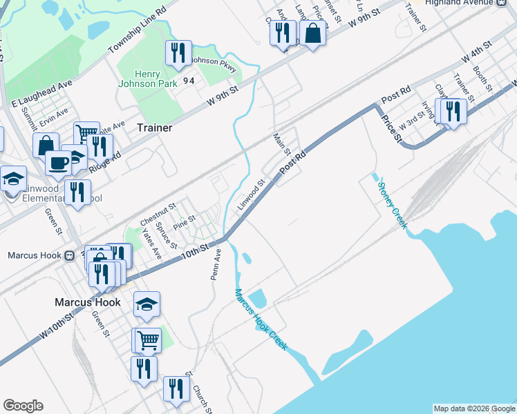 map of restaurants, bars, coffee shops, grocery stores, and more near 116A Post Road in Trainer