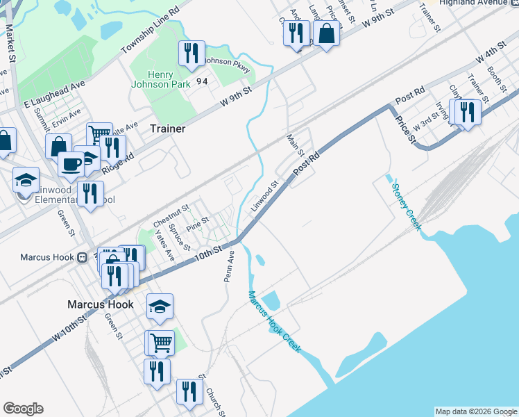 map of restaurants, bars, coffee shops, grocery stores, and more near 116A Post Road in Trainer