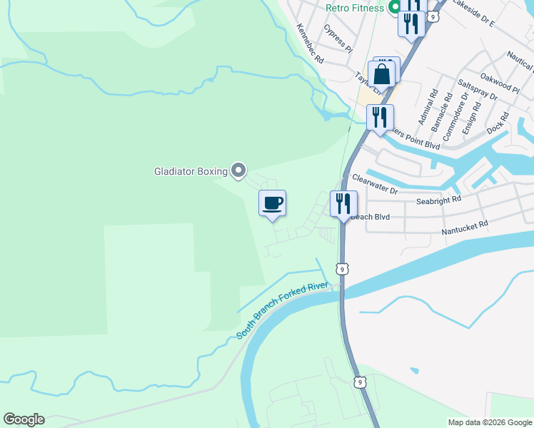 map of restaurants, bars, coffee shops, grocery stores, and more near 704 Challenger Way in Lacey Township