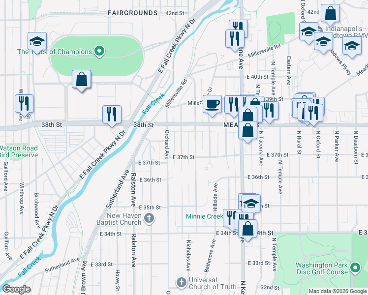 map of restaurants, bars, coffee shops, grocery stores, and more near 3709 Kinnear Avenue in Indianapolis