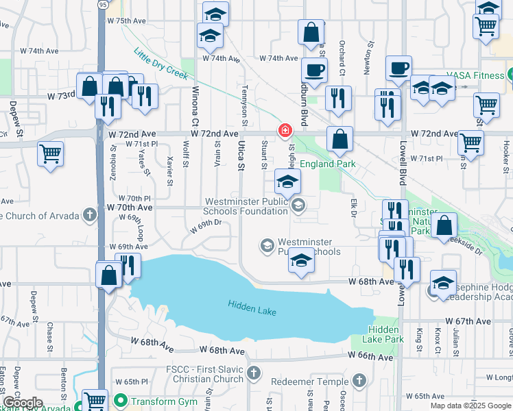 map of restaurants, bars, coffee shops, grocery stores, and more near 6985 Stuart Street in Westminster