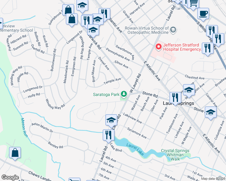 map of restaurants, bars, coffee shops, grocery stores, and more near 8 College Circle in Stratford