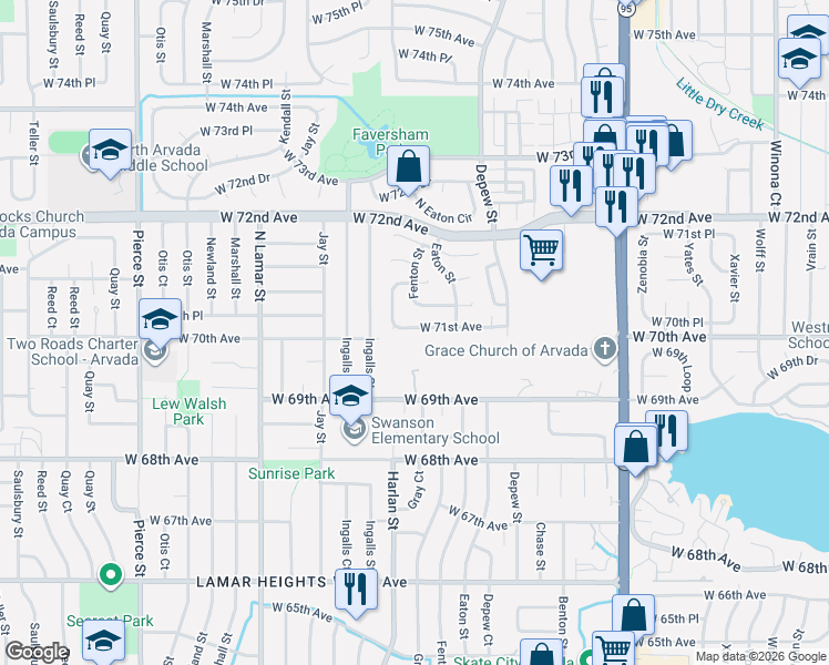 map of restaurants, bars, coffee shops, grocery stores, and more near 5768 West 71st Avenue in Arvada
