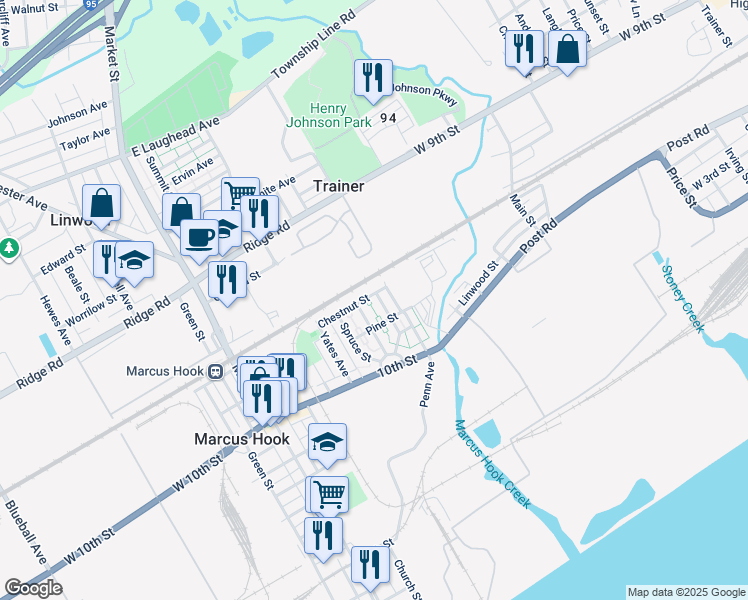 map of restaurants, bars, coffee shops, grocery stores, and more near 51 Cedar Street in Marcus Hook