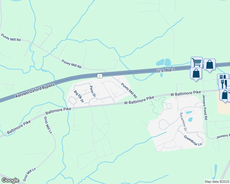 map of restaurants, bars, coffee shops, grocery stores, and more near 1 Terrace Lane in West Grove