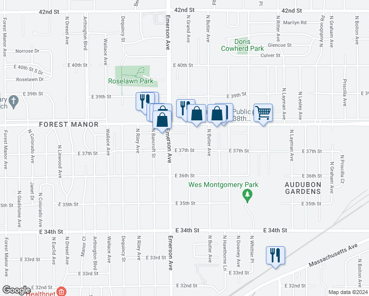 map of restaurants, bars, coffee shops, grocery stores, and more near 3706 North Leland Avenue in Indianapolis