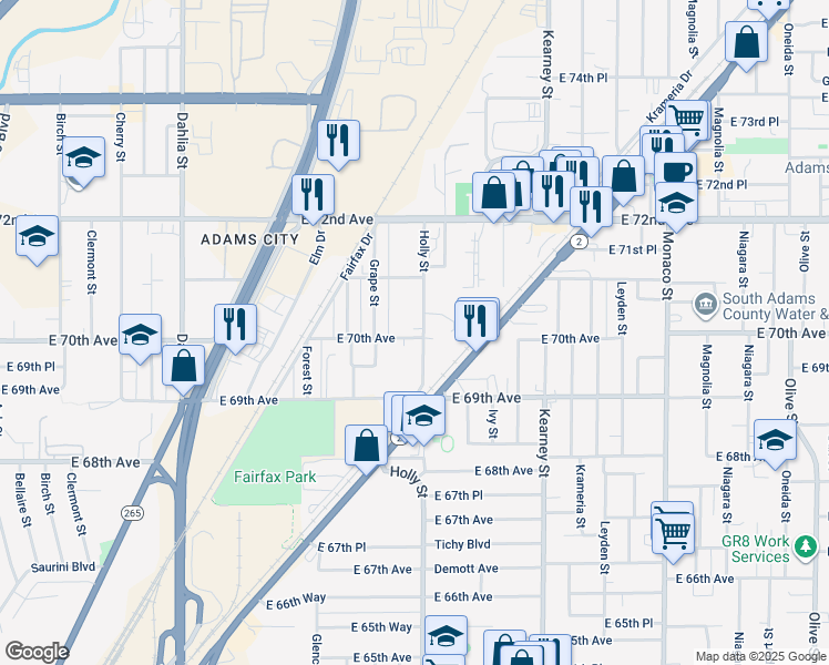 map of restaurants, bars, coffee shops, grocery stores, and more near 6996 Holly Street in Commerce City