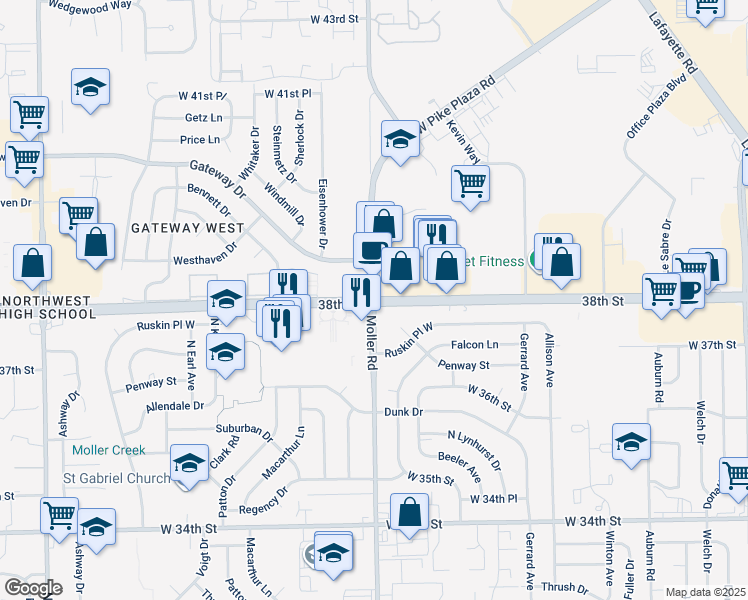 map of restaurants, bars, coffee shops, grocery stores, and more near West 38th Street & Moller Road in Indianapolis