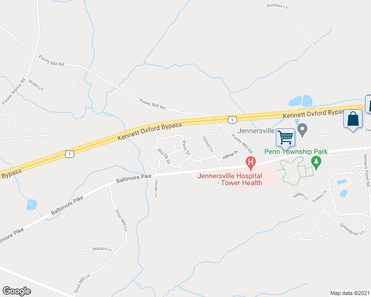 map of restaurants, bars, coffee shops, grocery stores, and more near Penn Drive in Chester County