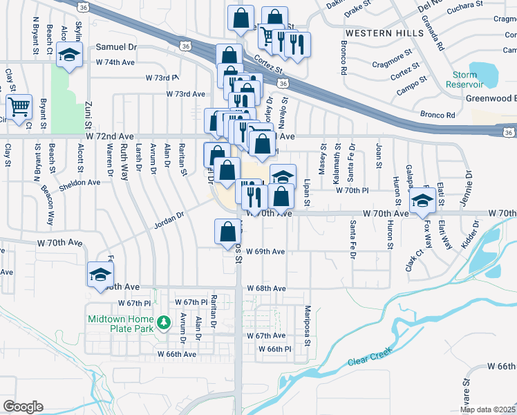 map of restaurants, bars, coffee shops, grocery stores, and more near 1490 West 70th Avenue in Denver