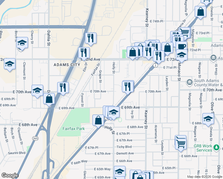 map of restaurants, bars, coffee shops, grocery stores, and more near 6996 Holly Street in Commerce City