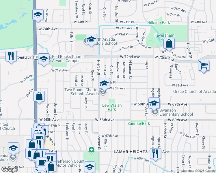 map of restaurants, bars, coffee shops, grocery stores, and more near 6720 West 70th Avenue in Arvada