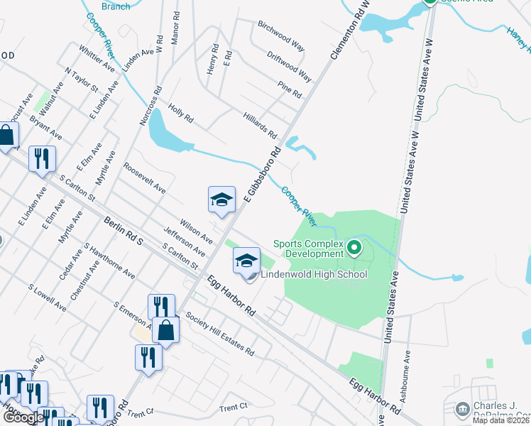 map of restaurants, bars, coffee shops, grocery stores, and more near 911 East Gibbsboro Road in Lindenwold