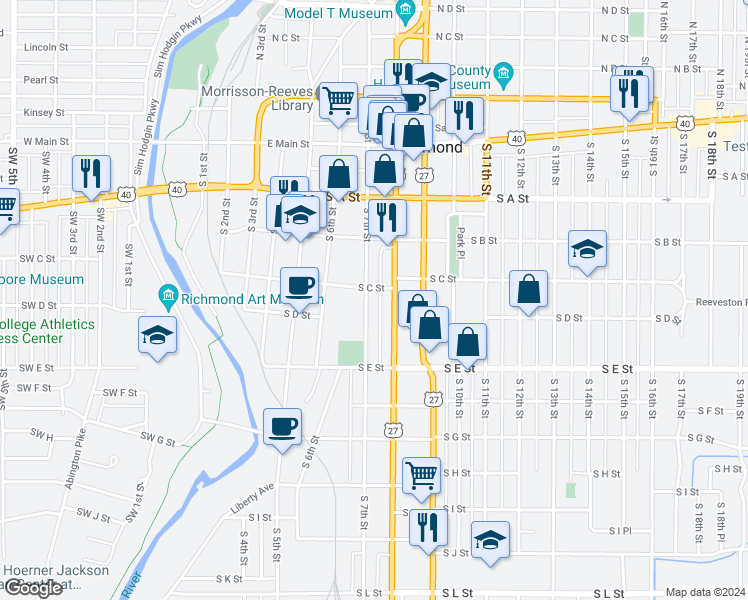 map of restaurants, bars, coffee shops, grocery stores, and more near 327 South 7th Street in Richmond