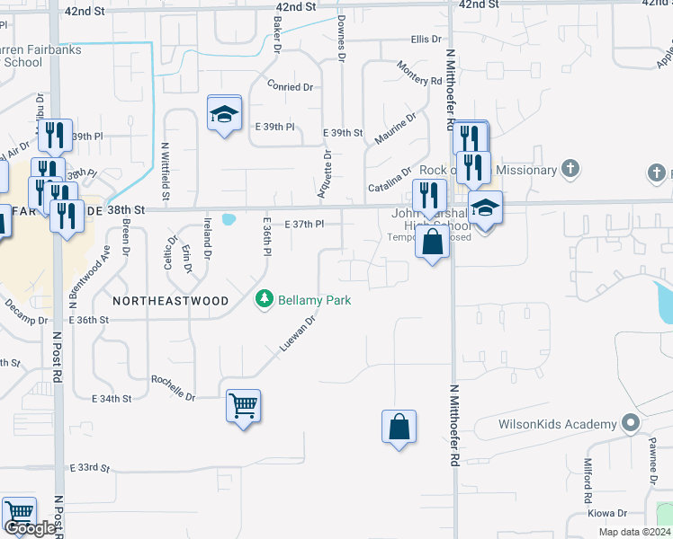 map of restaurants, bars, coffee shops, grocery stores, and more near 3656 Newgate Lane in Indianapolis