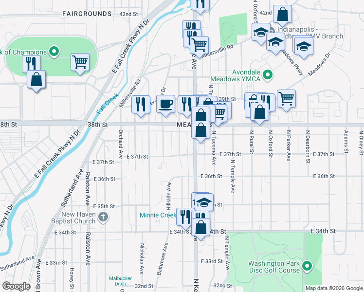 map of restaurants, bars, coffee shops, grocery stores, and more near 2302 East 37th Street in Indianapolis
