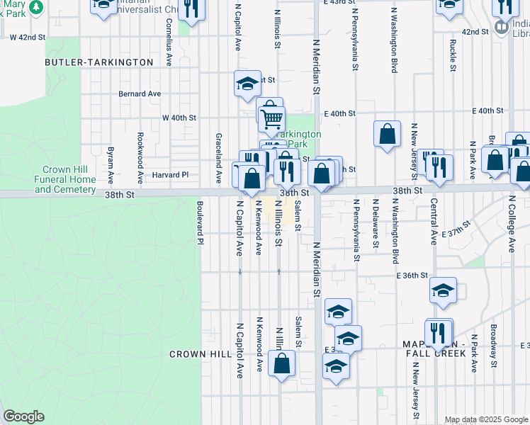 map of restaurants, bars, coffee shops, grocery stores, and more near 3719 North Kenwood Avenue in Indianapolis