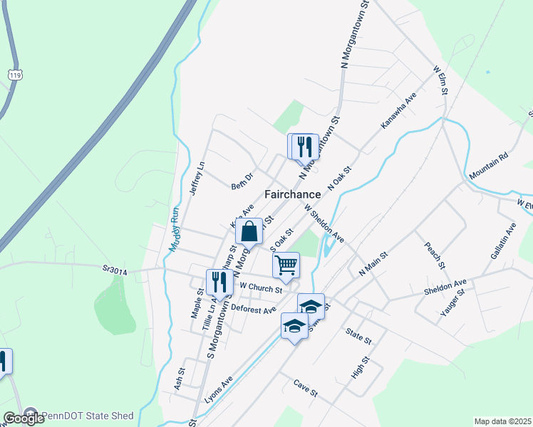 map of restaurants, bars, coffee shops, grocery stores, and more near 45 North Morgantown Street in Fairchance