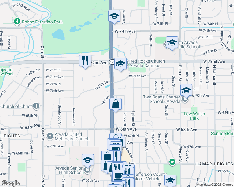 map of restaurants, bars, coffee shops, grocery stores, and more near 7465 West 69th Place in Arvada