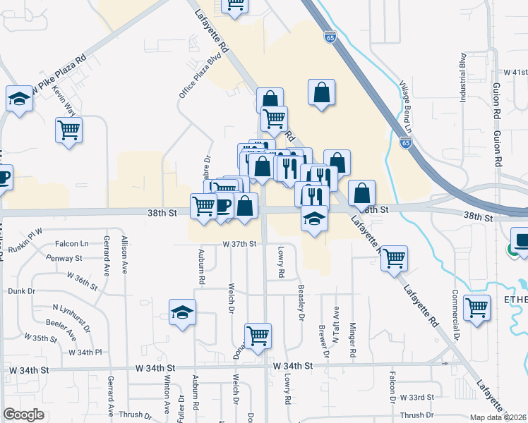 map of restaurants, bars, coffee shops, grocery stores, and more near West 38th Street & Georgetown Road in Indianapolis