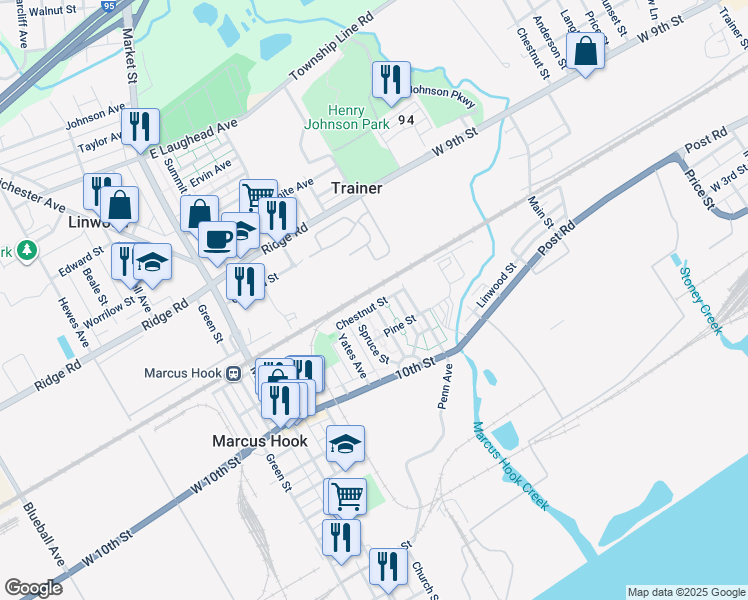 map of restaurants, bars, coffee shops, grocery stores, and more near 18 Chestnut Street in Marcus Hook