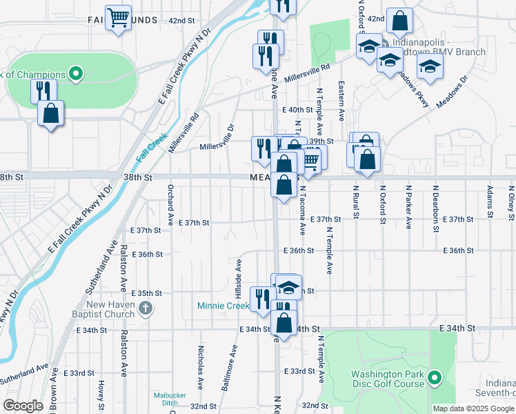 map of restaurants, bars, coffee shops, grocery stores, and more near 2302 East 37th Street in Indianapolis