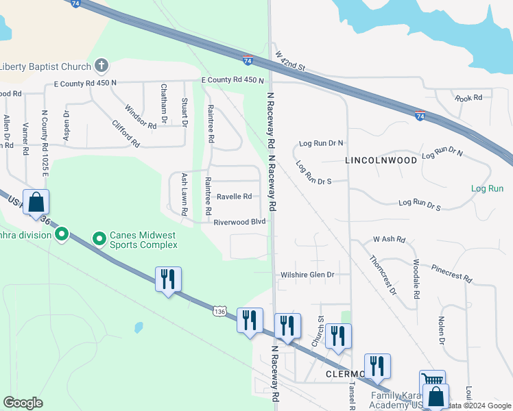 map of restaurants, bars, coffee shops, grocery stores, and more near 4084 Mossy Bank Road in Indianapolis