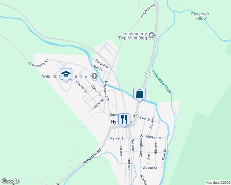map of restaurants, bars, coffee shops, grocery stores, and more near 261 Clarence Street in Hyndman