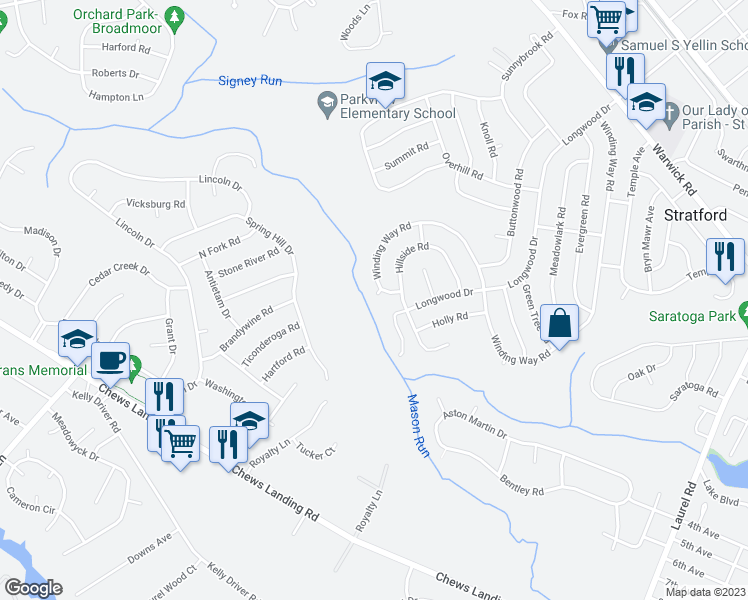 map of restaurants, bars, coffee shops, grocery stores, and more near 264 Winding Way Road in Stratford