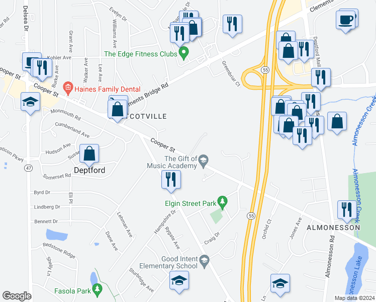 map of restaurants, bars, coffee shops, grocery stores, and more near 1415 Cooper Street in Deptford