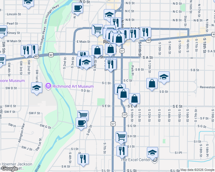 map of restaurants, bars, coffee shops, grocery stores, and more near 327 South 7th Street in Richmond