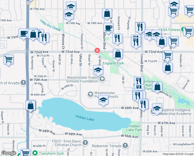 map of restaurants, bars, coffee shops, grocery stores, and more near 6933 North Raleigh Street in Westminster