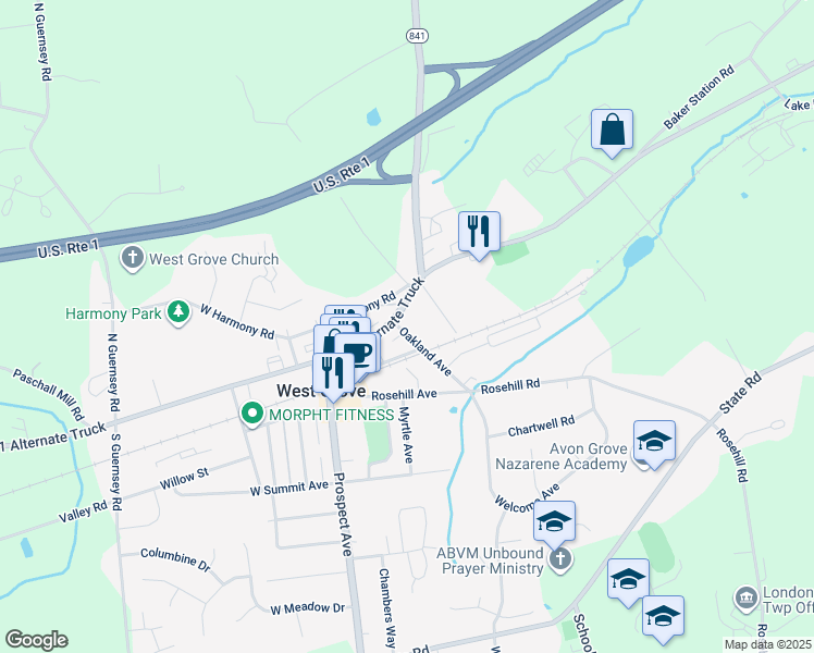 map of restaurants, bars, coffee shops, grocery stores, and more near 9 Oakland Avenue in West Grove
