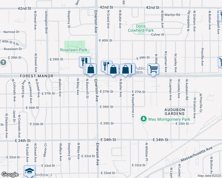 map of restaurants, bars, coffee shops, grocery stores, and more near 3707 North Leland Avenue in Indianapolis