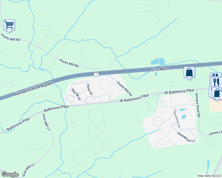 map of restaurants, bars, coffee shops, grocery stores, and more near 1 Terrace Lane in West Grove