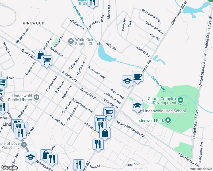 map of restaurants, bars, coffee shops, grocery stores, and more near 415 Jefferson Avenue in Lindenwold